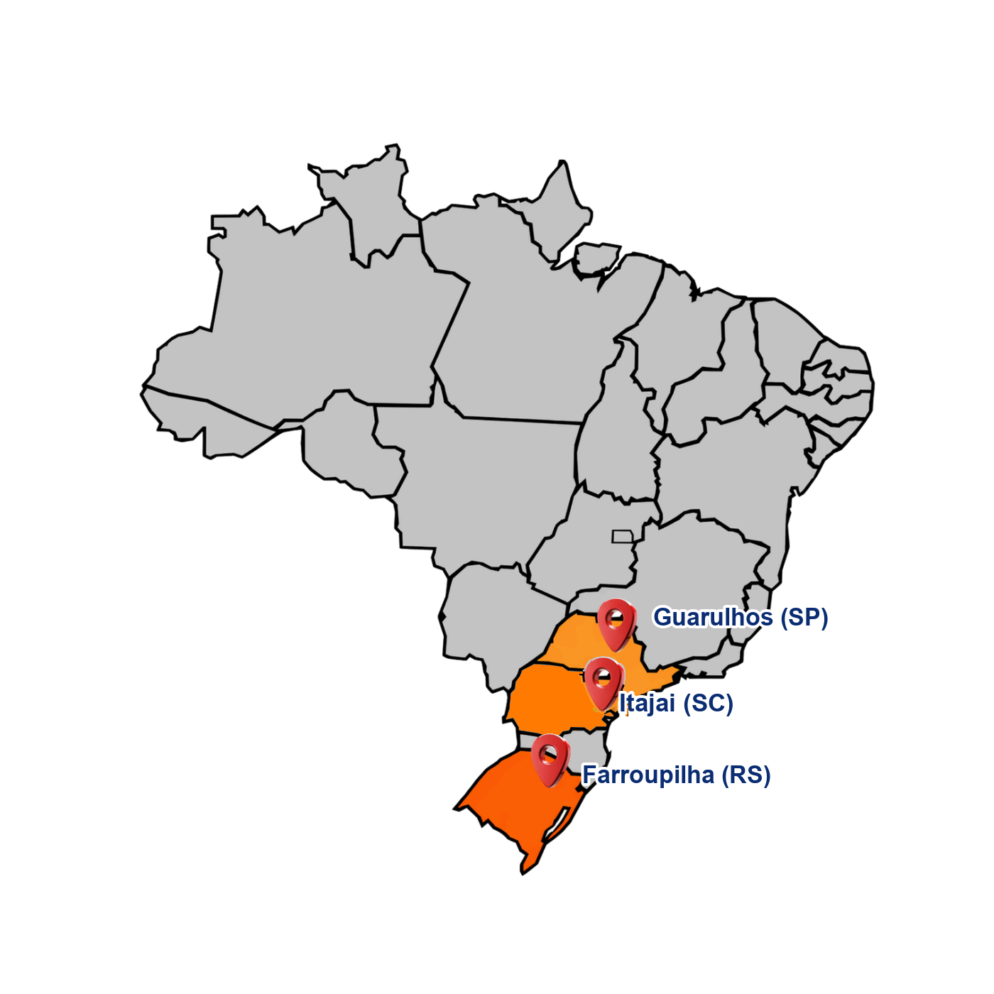 Mapa operacional da TRAZZLOG com pontos em Farroupilha, Itajaí e Guarulhos, na região de São Paulo